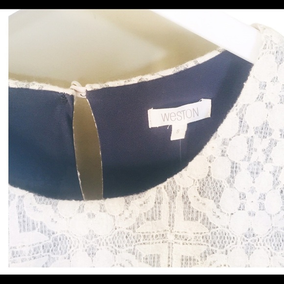 NWT WESTON (Anthro) Laced Twofer Tulle Dress With Cap Sleeve Ivory/Navy Blue S - Picture 9 of 13